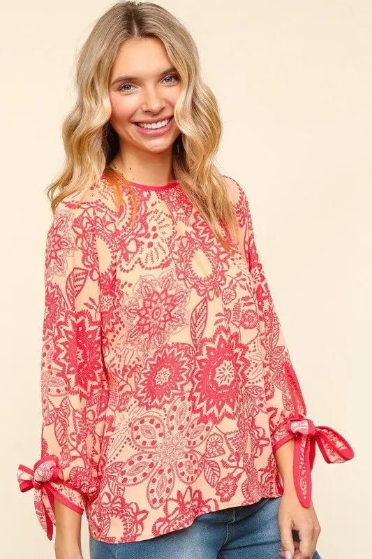 Haptics Ribbon Bow Detail Floral Round Neck Blouse Chic - Love Salve